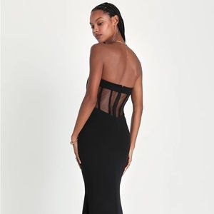 Iconic Arrival Black Strapless Bustier Mermaid Maxi Dress: LuLu’s